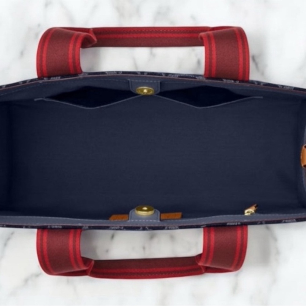 Coach Navy Signature Tote with Burgundy Straps - Picture 2 of 3